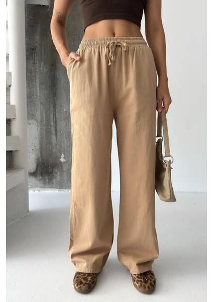 Gabardin %100 Pamuk Yüksel Bel Camel Bol Paça Palazzo Pantolon modelleri