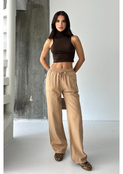 Gabardin %100 Pamuk Yüksel Bel Camel Bol Paça Palazzo Pantolon fırsatları