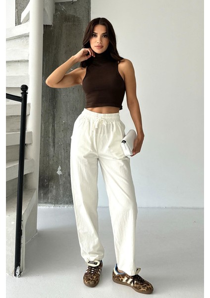 Yüksek Bel Bağcıklı %100 Pamuk Rahat Kalıp Ekru Düz Paça Kadın Pantalon fırsatları