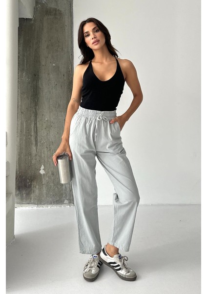 Yüksek Bel Bağcıklı %100 Pamuk Rahat Kalıp Taş Düz Paça Kadın Pantalon fırsatları