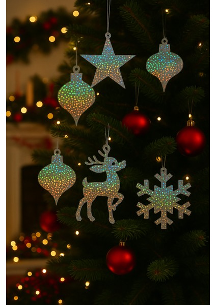 5’li Hologram Yılbaşı Ağacı Süsü Seti – Parlak Holografik (Ipli Asılabilir, 5 Farklı Model)