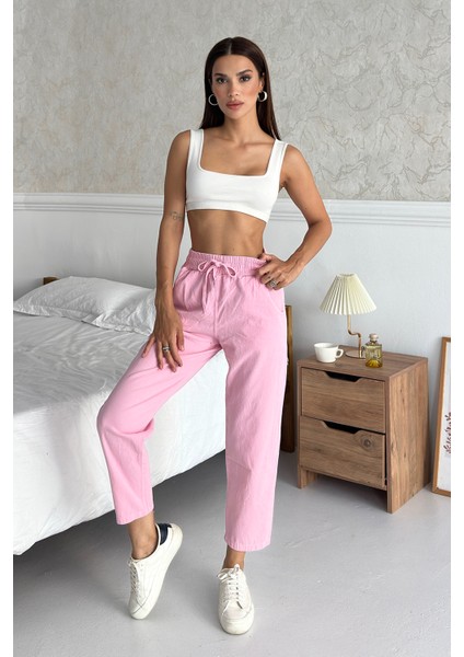 Gabardin %100 Pamuk Rahat Kalıp Pembe Yüksek Bel Düz Paça Kadın Pantolon