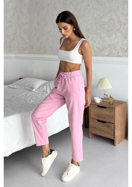 Gabardin %100 Pamuk Rahat Kalıp Pembe Yüksek Bel Düz Paça Kadın Pantolon modelleri