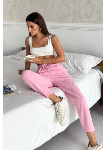 Gabardin %100 Pamuk Rahat Kalıp Pembe Yüksek Bel Düz Paça Kadın Pantolon fırsatları