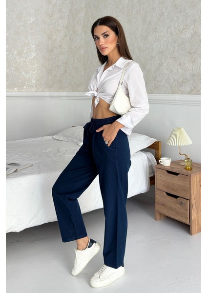 Yüksek Bel Bağcıklı %100 Pamuk Rahat Kalıp Lacivert Düz Paça Kadın Pantalon