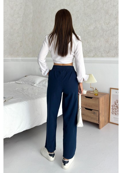 Yüksek Bel Bağcıklı %100 Pamuk Rahat Kalıp Lacivert Düz Paça Kadın Pantalon modelleri