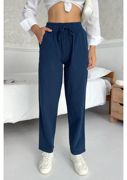 Yüksek Bel Bağcıklı %100 Pamuk Rahat Kalıp Lacivert Düz Paça Kadın Pantalon fırsatları