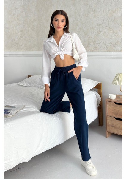 Yüksek Bel Bağcıklı %100 Pamuk Rahat Kalıp Lacivert Düz Paça Kadın Pantalon indirimleri