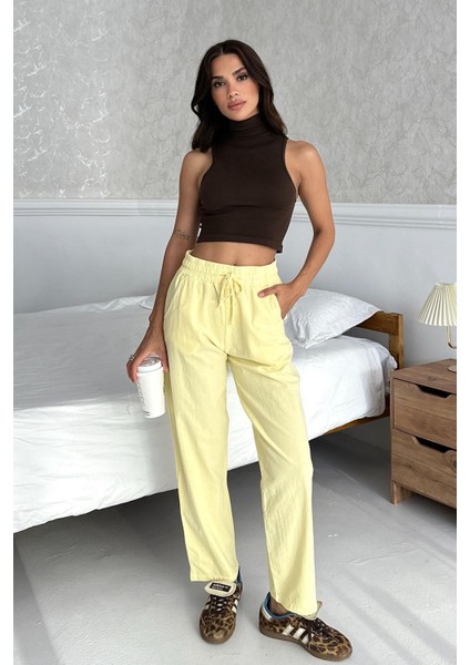Yüksek Bel Bağcıklı %100 Pamuk Rahat Kalıp Sarı Düz Paça Kadın Pantalon
