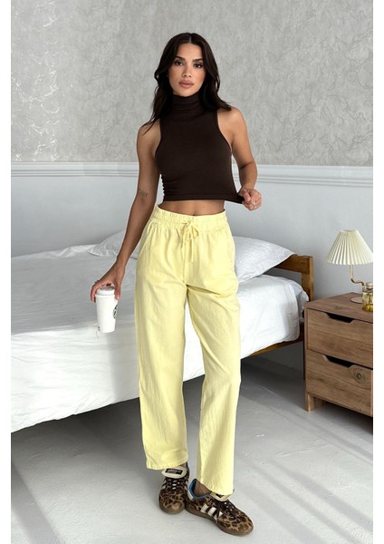 Yüksek Bel Bağcıklı %100 Pamuk Rahat Kalıp Sarı Düz Paça Kadın Pantalon fiyatları