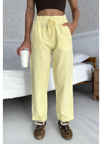Yüksek Bel Bağcıklı %100 Pamuk Rahat Kalıp Sarı Düz Paça Kadın Pantalon modelleri