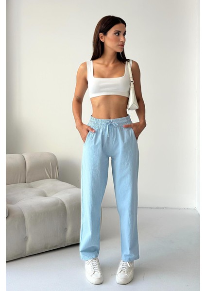 Yüksek Bel Bağcıklı %100 Pamuk Rahat Kalıp Babe Mavisi Düz Paça Kadın Pantalon