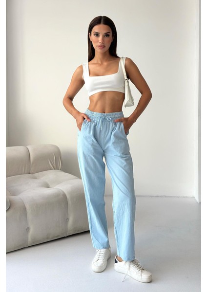 Yüksek Bel Bağcıklı %100 Pamuk Rahat Kalıp Babe Mavisi Düz Paça Kadın Pantalon fiyatları