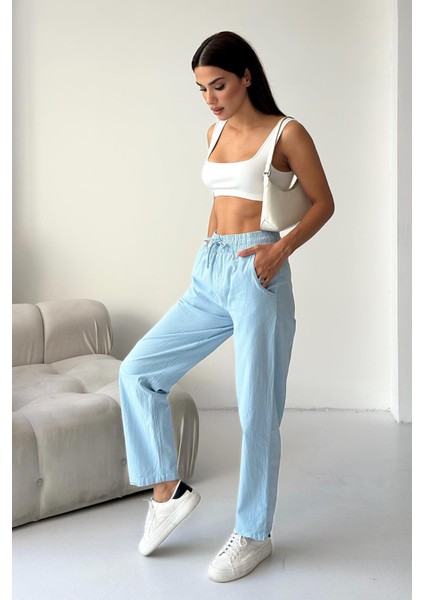 Yüksek Bel Bağcıklı %100 Pamuk Rahat Kalıp Babe Mavisi Düz Paça Kadın Pantalon modelleri