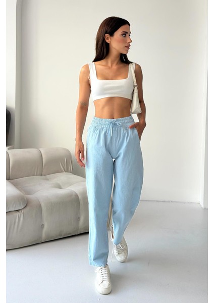 Yüksek Bel Bağcıklı %100 Pamuk Rahat Kalıp Babe Mavisi Düz Paça Kadın Pantalon fırsatları