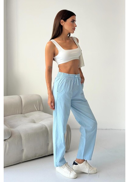 Yüksek Bel Bağcıklı %100 Pamuk Rahat Kalıp Babe Mavisi Düz Paça Kadın Pantalon indirimleri