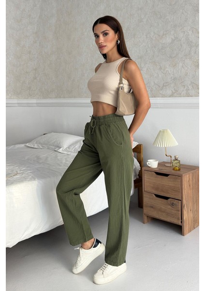 Yüksek Bel Bağcıklı %100 Pamuk Rahat Kalıp Haki Düz Paça Kadın Pantalon indirimleri