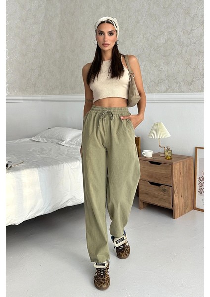Yüksek Bel Bağcıklı %100 Pamuk Rahat Kalıp Açık Yeşil Düz Paça Kadın Pantalon