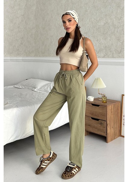Yüksek Bel Bağcıklı %100 Pamuk Rahat Kalıp Açık Yeşil Düz Paça Kadın Pantalon fiyatları