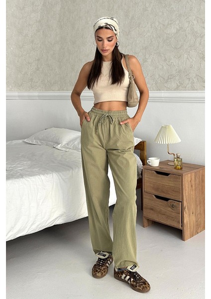 Yüksek Bel Bağcıklı %100 Pamuk Rahat Kalıp Açık Yeşil Düz Paça Kadın Pantalon modelleri