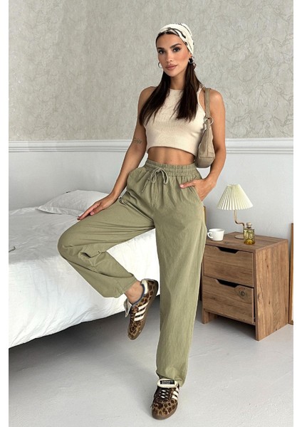 Yüksek Bel Bağcıklı %100 Pamuk Rahat Kalıp Açık Yeşil Düz Paça Kadın Pantalon fırsatları