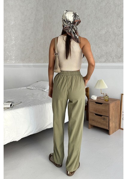 Yüksek Bel Bağcıklı %100 Pamuk Rahat Kalıp Açık Yeşil Düz Paça Kadın Pantalon indirimleri