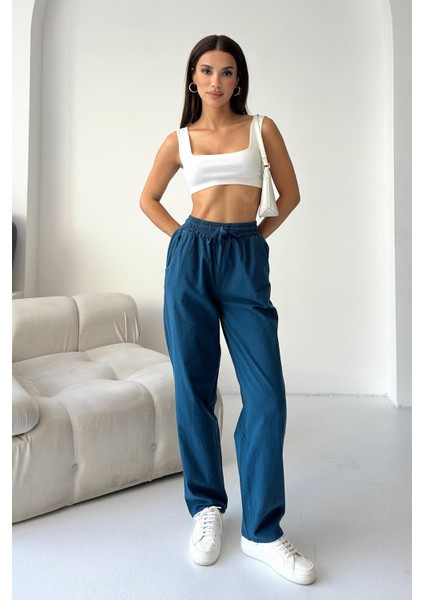 Yüksek Bel Bağcıklı %100 Pamuk Rahat Kalıp Saks Mavisi Düz Paça Kadın Pantalon