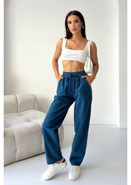 Yüksek Bel Bağcıklı %100 Pamuk Rahat Kalıp Saks Mavisi Düz Paça Kadın Pantalon fiyatları