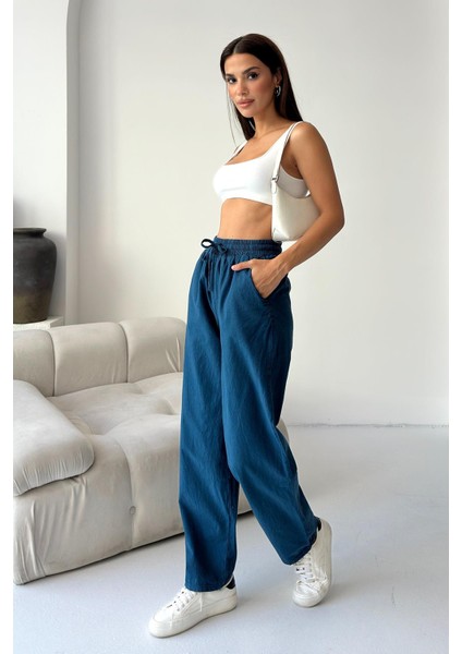 Yüksek Bel Bağcıklı %100 Pamuk Rahat Kalıp Saks Mavisi Düz Paça Kadın Pantalon modelleri