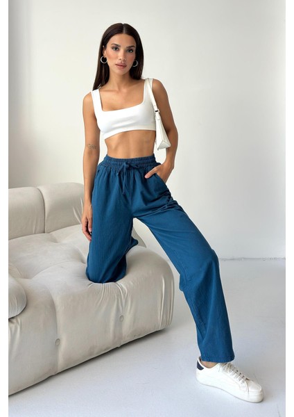 Yüksek Bel Bağcıklı %100 Pamuk Rahat Kalıp Saks Mavisi Düz Paça Kadın Pantalon fırsatları