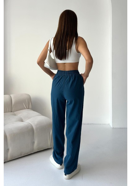 Yüksek Bel Bağcıklı %100 Pamuk Rahat Kalıp Saks Mavisi Düz Paça Kadın Pantalon indirimleri