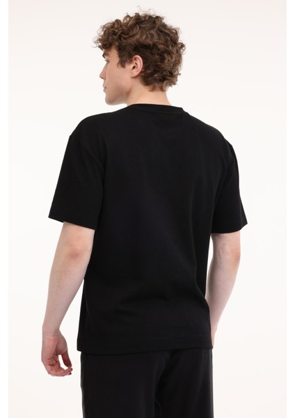 Relaxed Fit Dokulu Kum Siyah Erkek Kısa Kol T-Shirt
