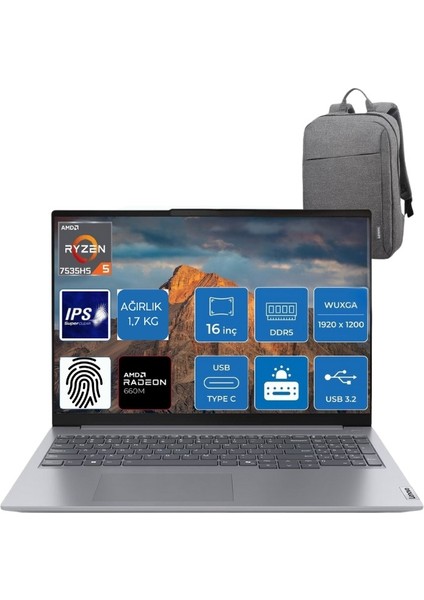 Thinkbook 16 G7 Arp Ryzen5 7535HS 16GB 512SSD 16" Wuxga Freedos Dizüstü Bilgisayar 21MW000PTR