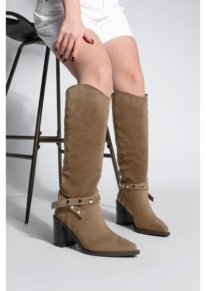 Kadın Sivri Burun Fermuarsız Çıkarılabilen Tokalı Troklu Zımbalı Topuklu Çizme Fuslep Taba Süet fiyatları