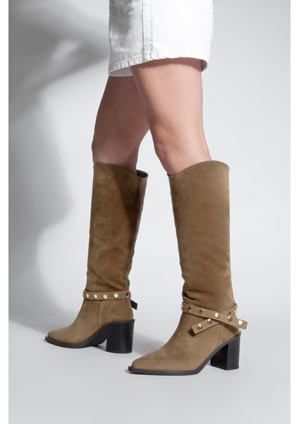 Kadın Sivri Burun Fermuarsız Çıkarılabilen Tokalı Troklu Zımbalı Topuklu Çizme Fuslep Taba Süet indirimleri