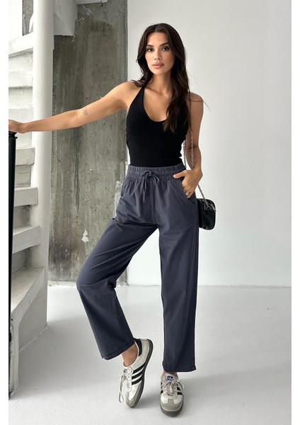 Yüksek Bel Bağcıklı %100 Pamuk Rahat Kalıp Antrasit Düz Paça Kadın Pantalon fırsatları