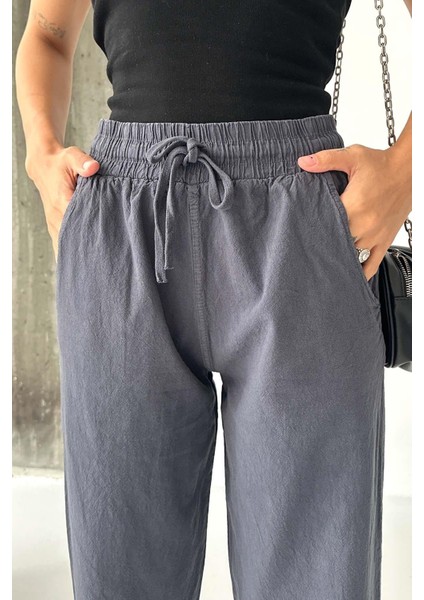 Yüksek Bel Bağcıklı %100 Pamuk Rahat Kalıp Antrasit Düz Paça Kadın Pantalon indirimleri