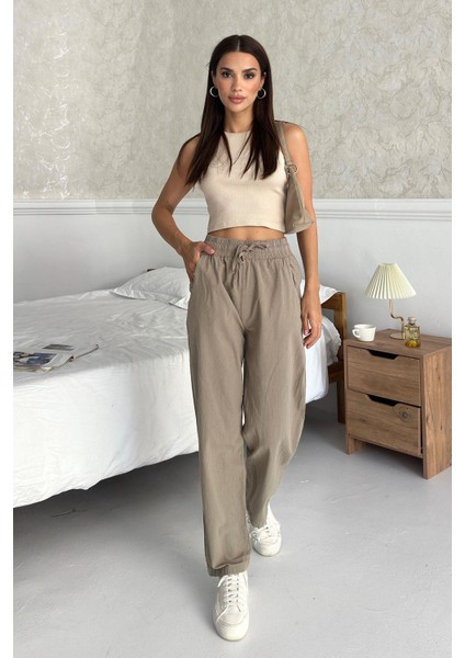 Yüksek Bel Bağcıklı %100 Pamuk Rahat Kalıp Vizon Düz Paça Kadın Pantalon modelleri