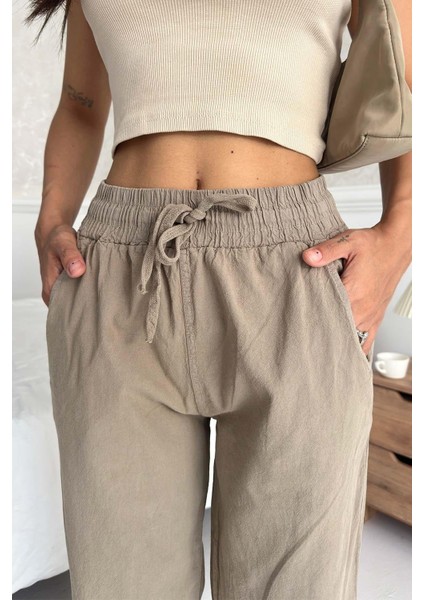 Yüksek Bel Bağcıklı %100 Pamuk Rahat Kalıp Vizon Düz Paça Kadın Pantalon fırsatları