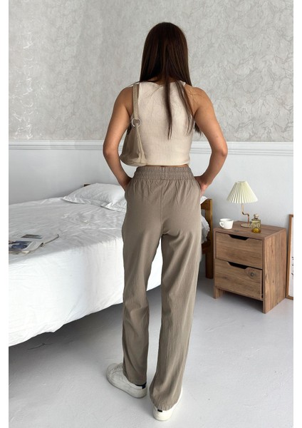 Yüksek Bel Bağcıklı %100 Pamuk Rahat Kalıp Vizon Düz Paça Kadın Pantalon indirimleri