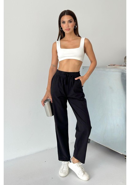 Yüksek Bel Bağcıklı %100 Pamuk Rahat Kalıp Siyah Düz Paça Kadın Pantalon