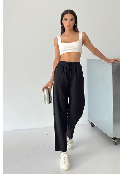Yüksek Bel Bağcıklı %100 Pamuk Rahat Kalıp Siyah Düz Paça Kadın Pantalon fiyatları