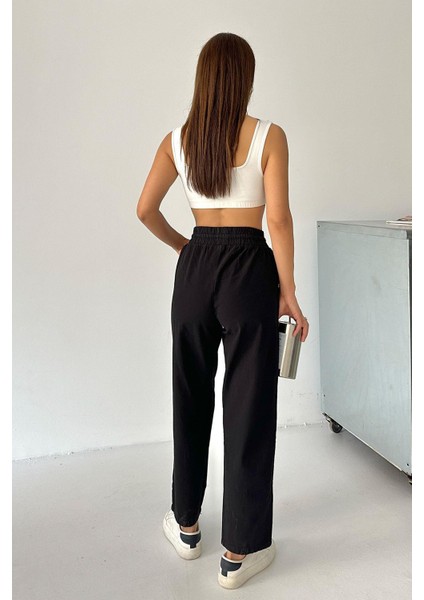 Yüksek Bel Bağcıklı %100 Pamuk Rahat Kalıp Siyah Düz Paça Kadın Pantalon modelleri