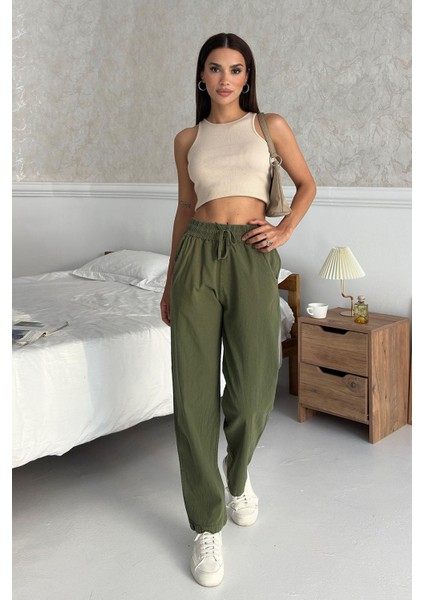 Yüksek Bel Bağcıklı %100 Pamuk Rahat Kalıp Haki Düz Paça Kadın Pantalon