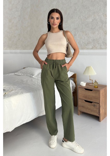 Yüksek Bel Bağcıklı %100 Pamuk Rahat Kalıp Haki Düz Paça Kadın Pantalon fiyatları