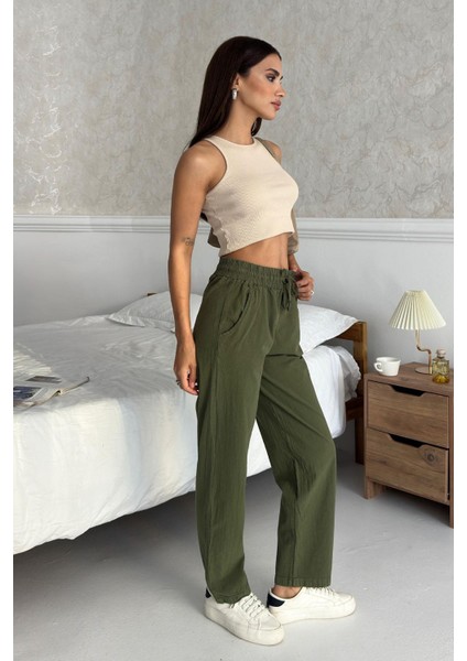 Yüksek Bel Bağcıklı %100 Pamuk Rahat Kalıp Haki Düz Paça Kadın Pantalon modelleri