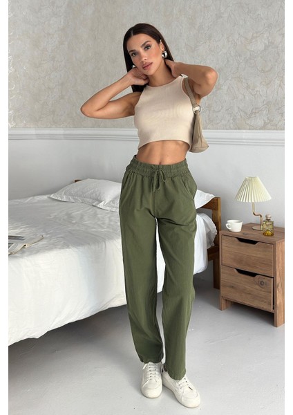 Yüksek Bel Bağcıklı %100 Pamuk Rahat Kalıp Haki Düz Paça Kadın Pantalon fırsatları