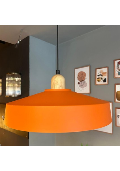Açe Turuncu Tekli Kalın Ahşap Başlık Avize Retro Sarkıt Ofis Showroom Salon Mutfak Avizeleri