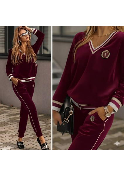 Modamuvo Kadın Uzun Kollu V Yaka Yakası ve Kol Ağzı Şerit Detay Kadife Takım