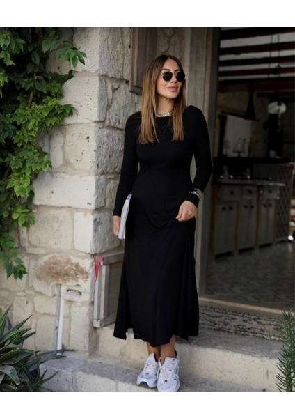 Eyesof Kadın Uzun Kollu Bisiklet Yaka Arkası Çapraz Detaylı Viskon Iki Iplik Maxi Elbise modelleri